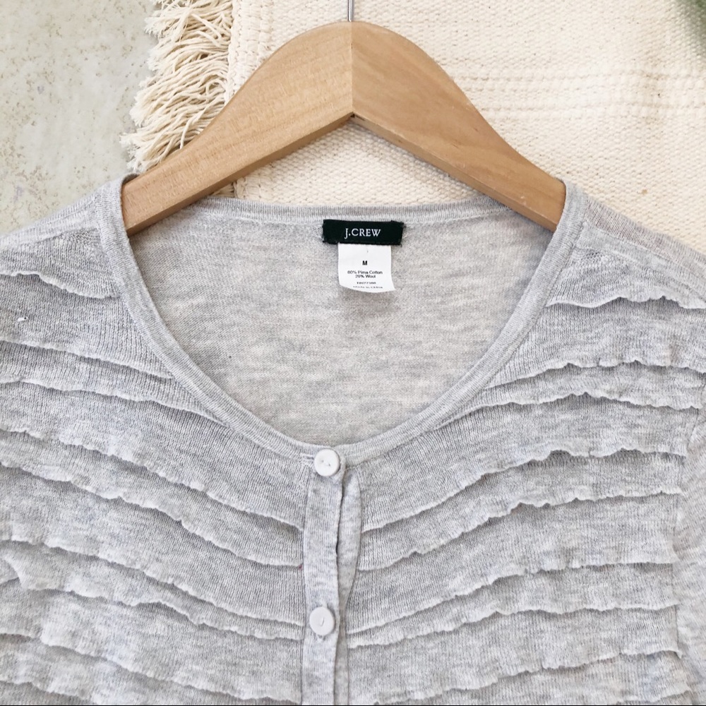 J Crew Gray Ruffle Classic Cardigan Sz Medium - Picture 2 of 3